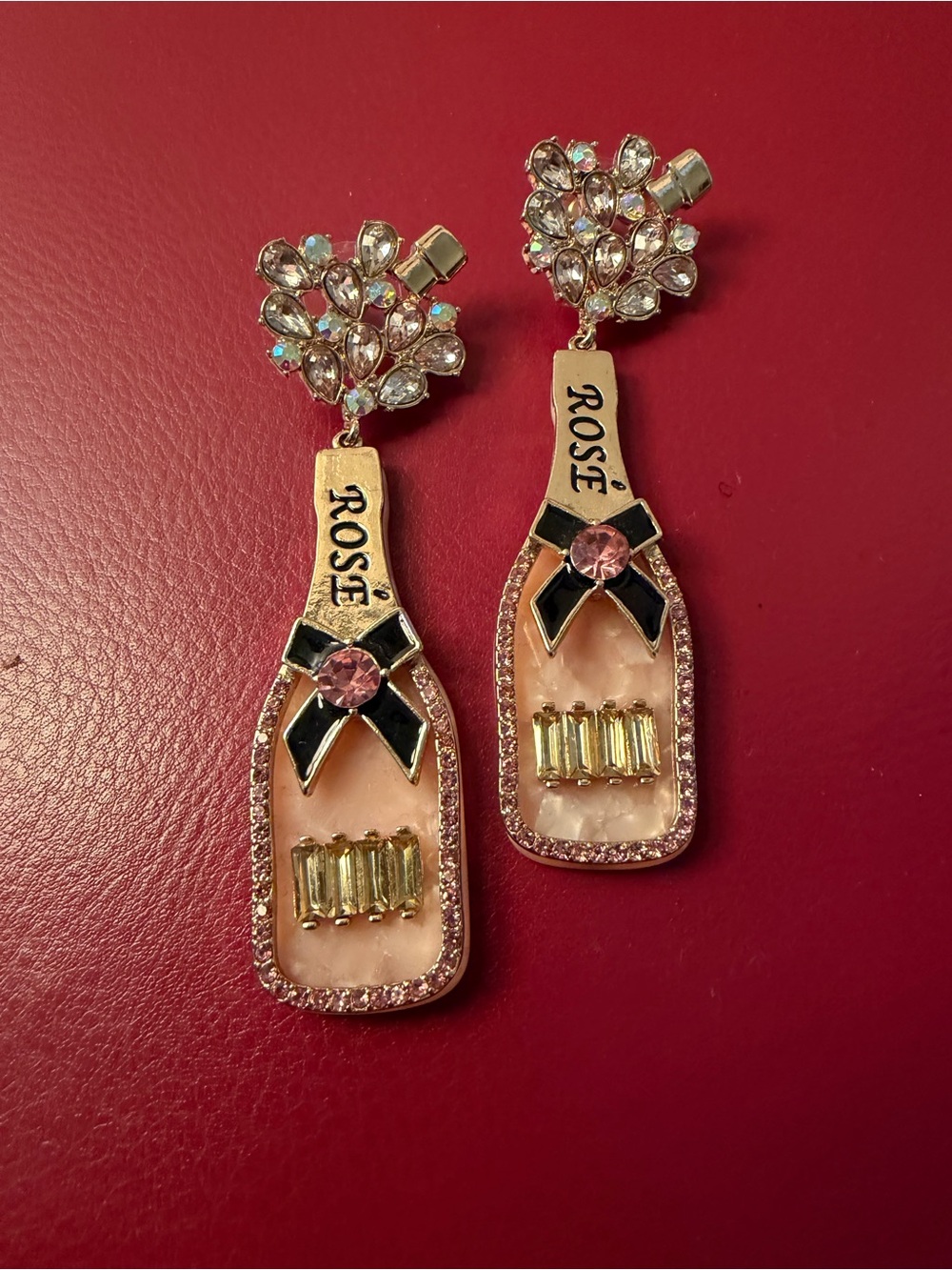 Rose Bottle Drop Earrings - Pink Iridescent Epoxy with Crystal Accents